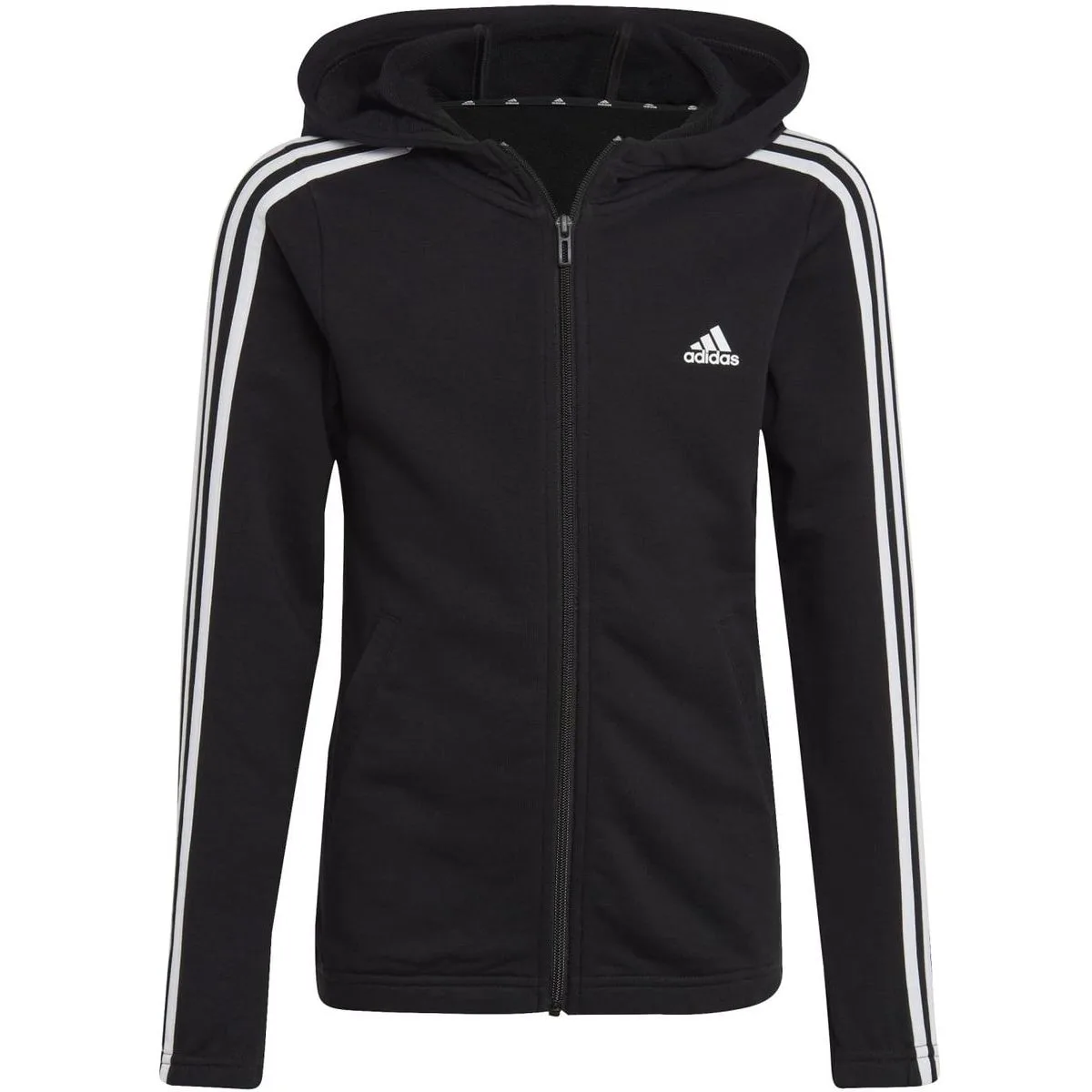 Essentials 3-Streifen Full-Zip Kapuzenjacke Mädchen Kapuzensweater, schwarz 128