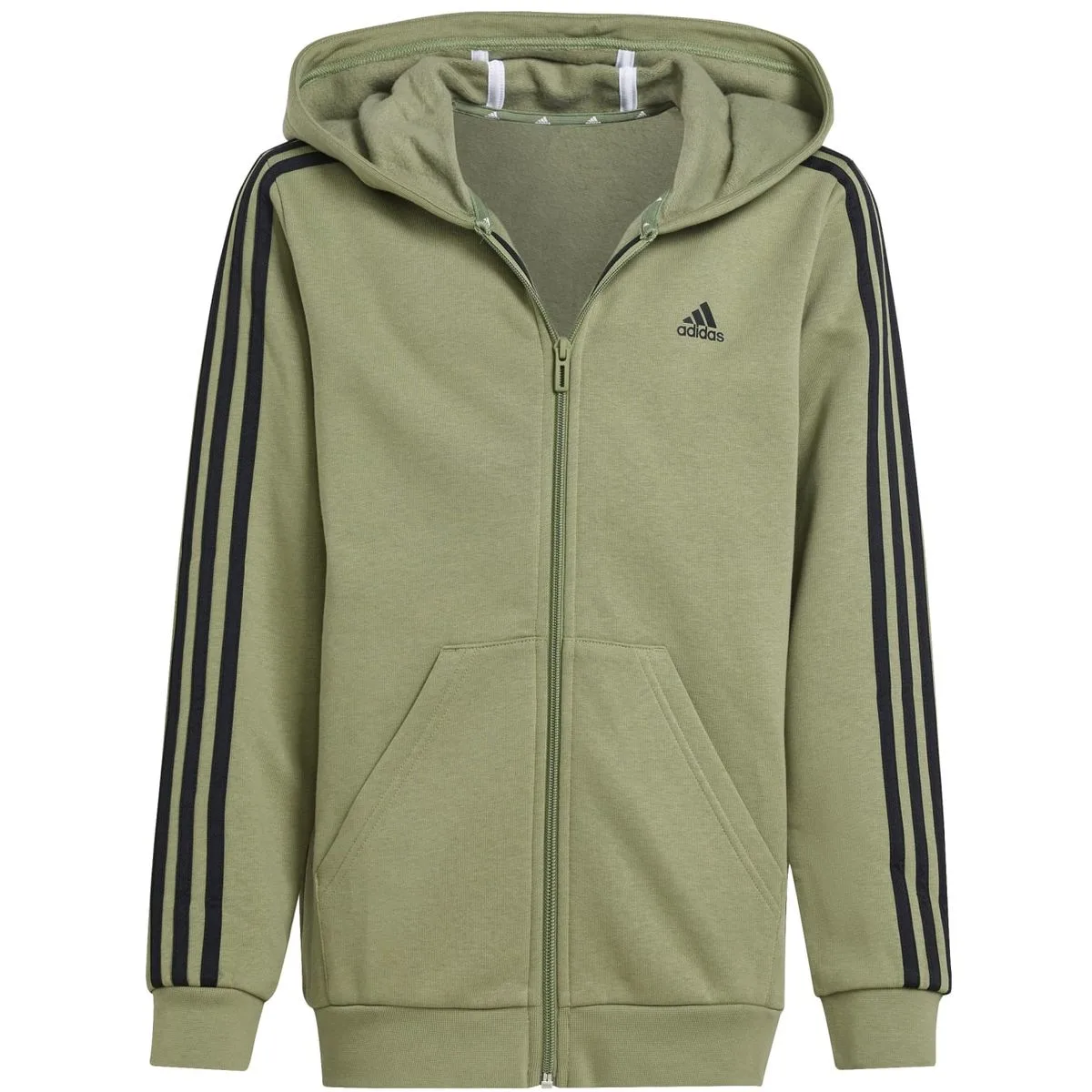 Essentials 3-Streifen Fleece Kinder Kapuzensweater, grĂĽn 164